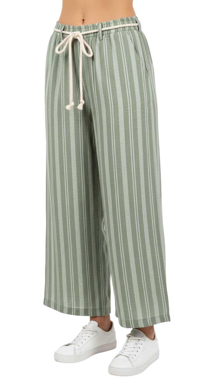 Pantalon verde rayado de lino con cinturon de correa