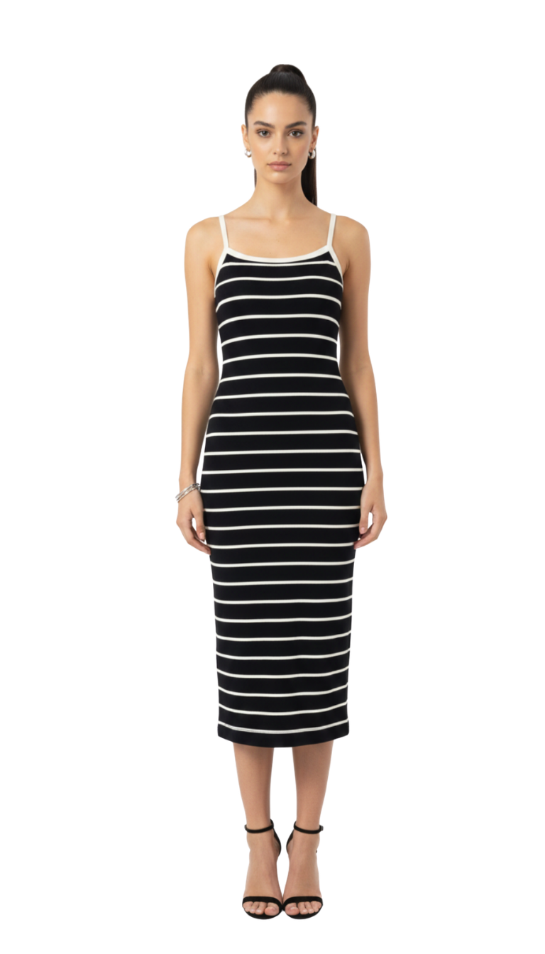 Vestido negro entallado con rayas blancas horizontales