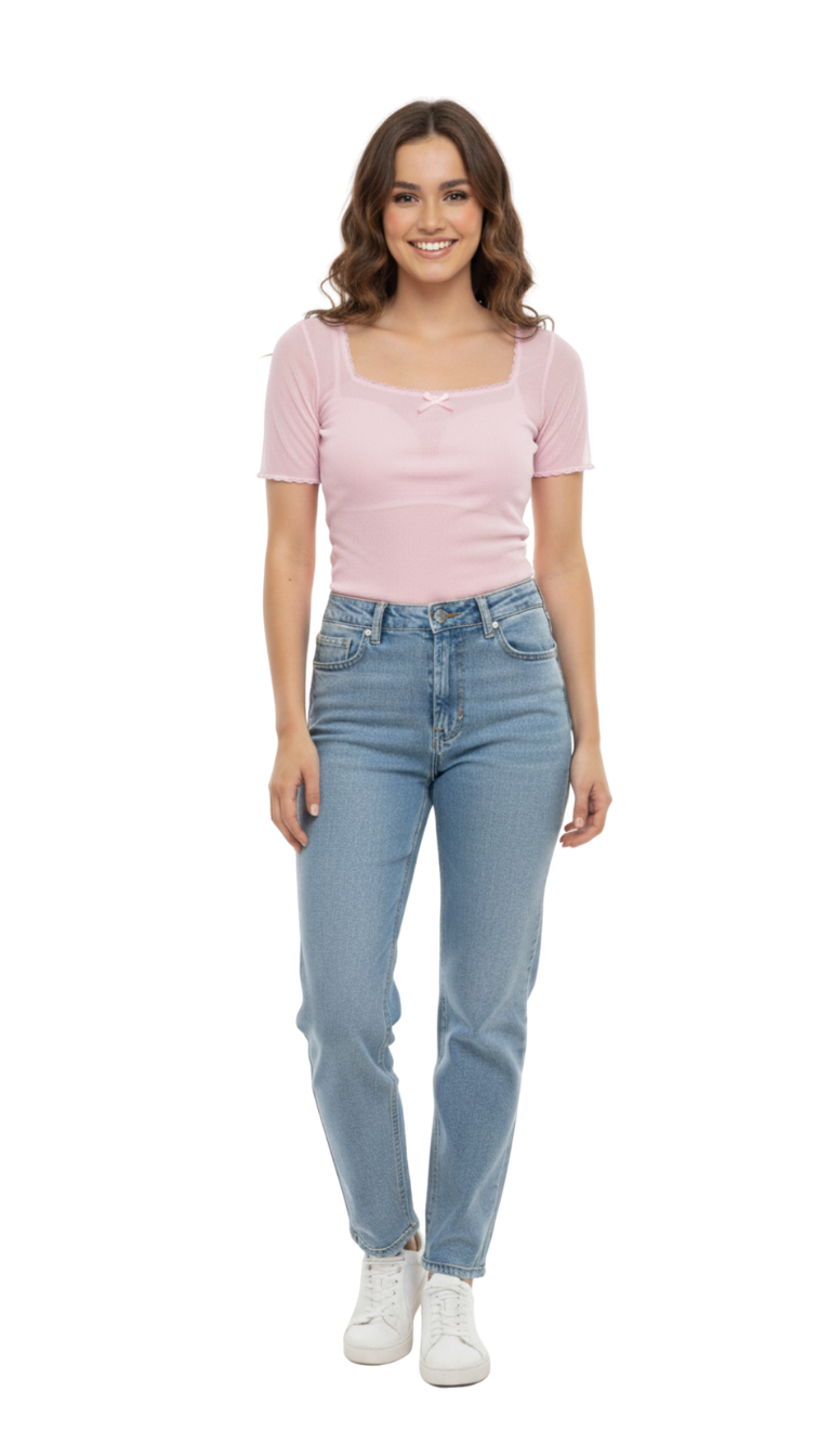 Blusa mesh rosa manga corta con detalle coquete