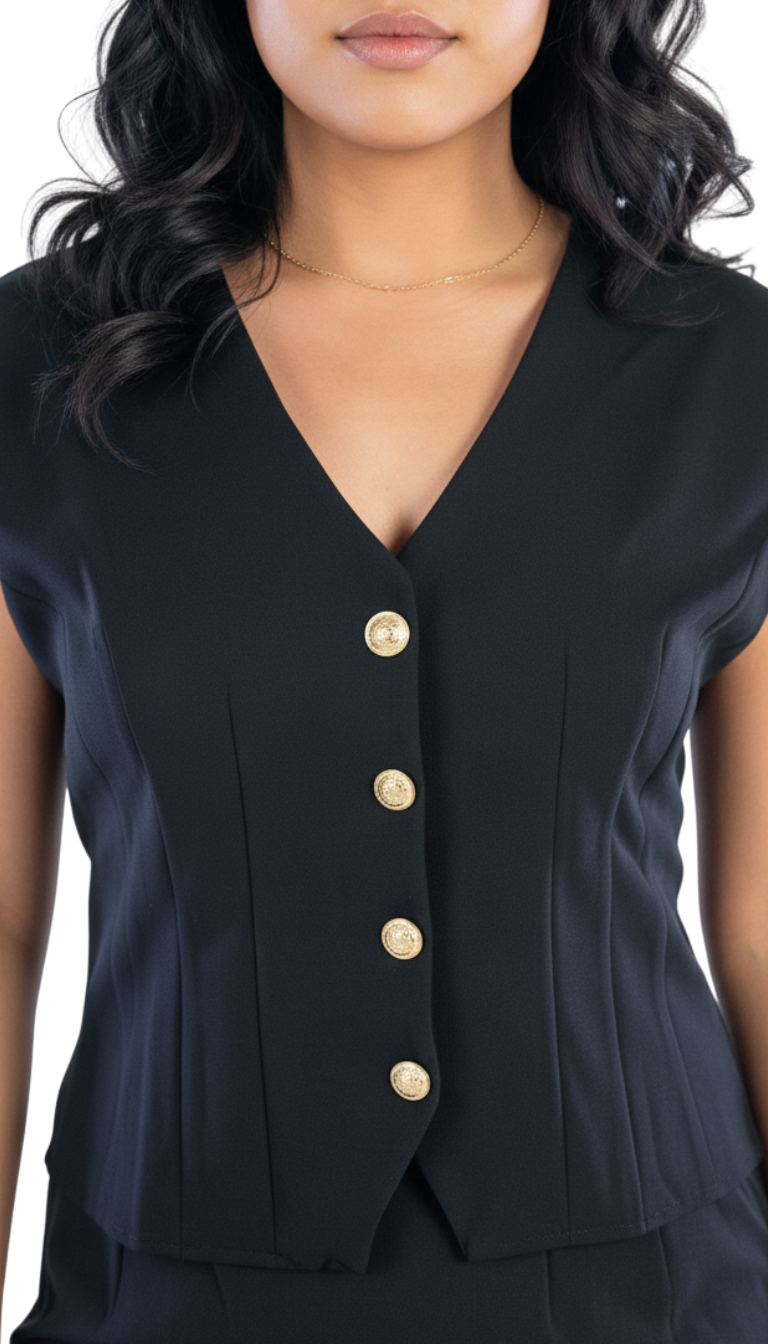 Conjunto negro con blusa abotonada y pinzas laterales, falda larga