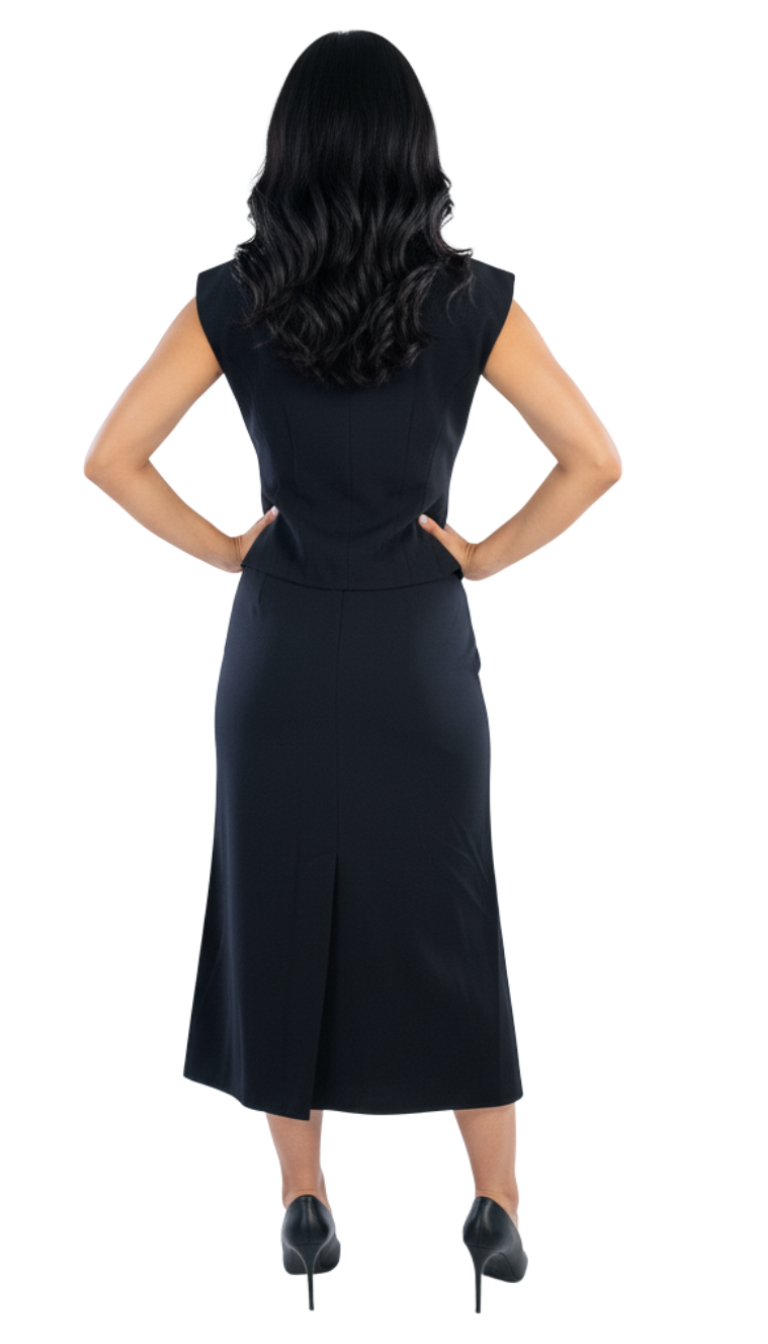 Conjunto negro con blusa abotonada y pinzas laterales, falda larga