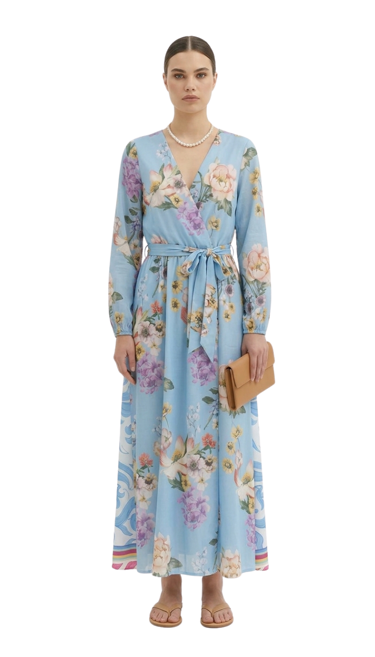 Vestido azul con flores largo tipo playero