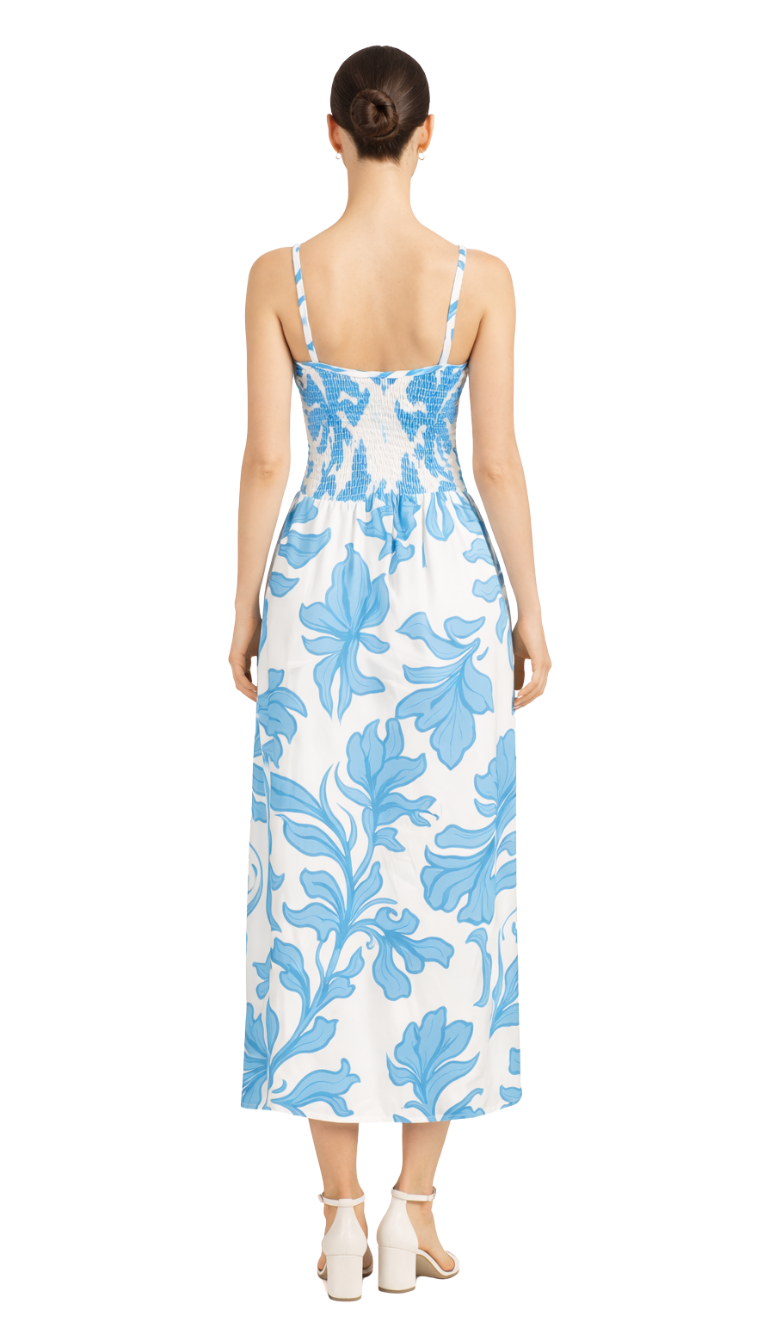 Vestido de tirantes con elástico en pecho decoración de flores