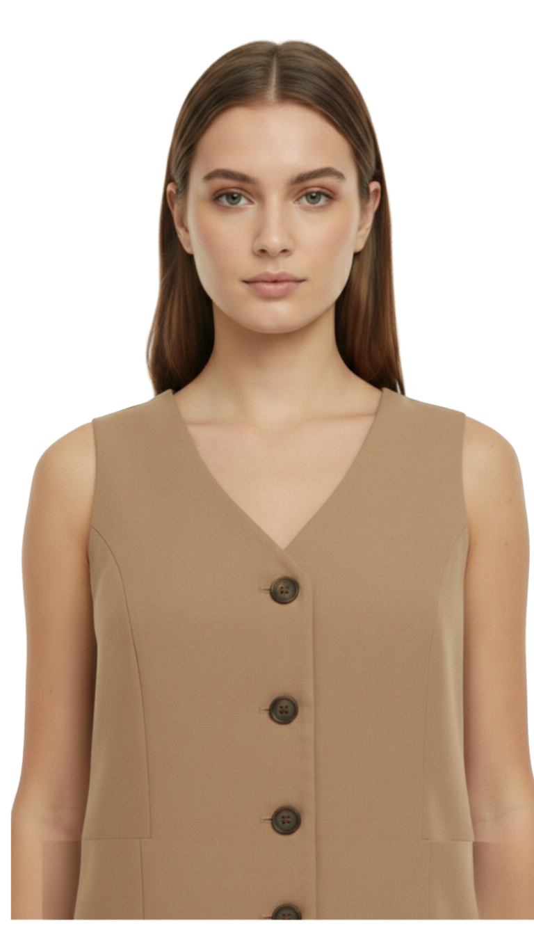 Conjunto de lino cafe de blusa tipo chaleco y pantalon con elastico