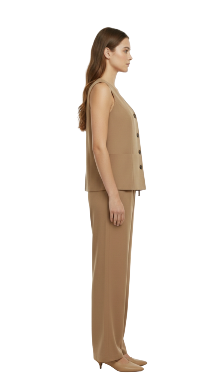 Conjunto de lino cafe de blusa tipo chaleco y pantalon con elastico