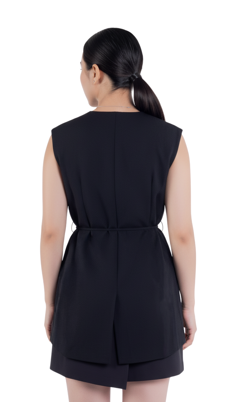 Chaleco negro con amarre lateral en forma de cinto