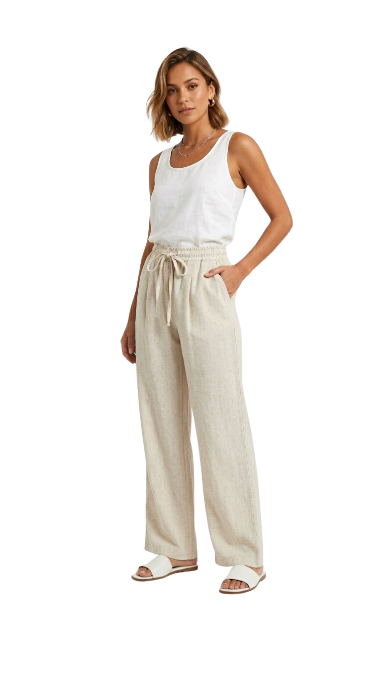 Pantalón beige de manta con elástico en la cintura