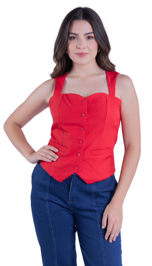 Chaleco rojo de tirantes abotonado
