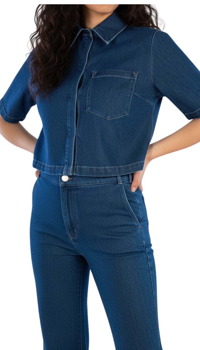 Conjunto de mezclilla de dos piezas de blusa abotonada y pantalon