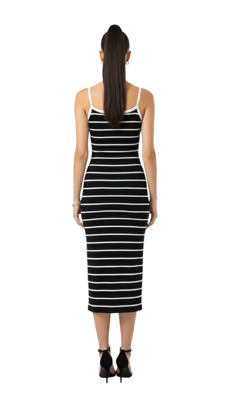Vestido negro entallado con rayas blancas horizontales