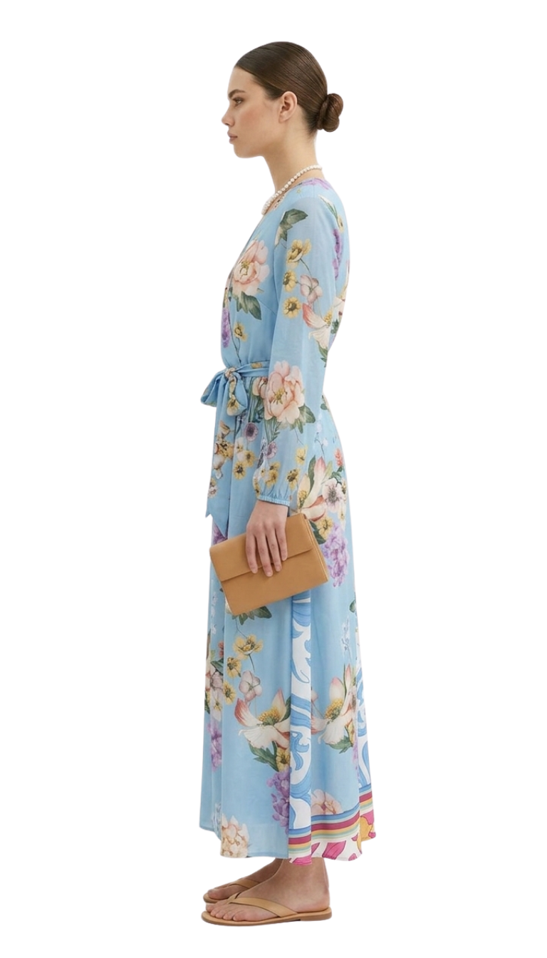 Vestido azul con flores largo tipo playero