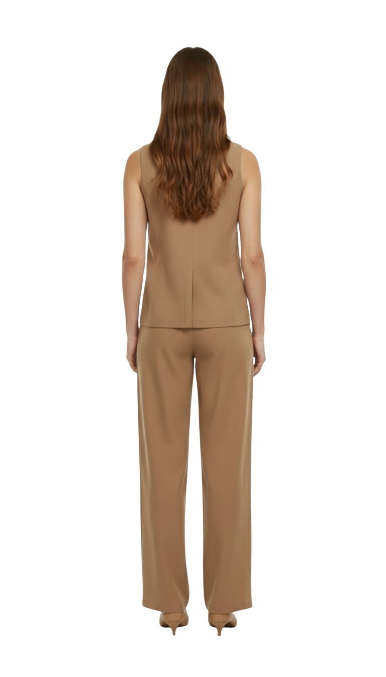 Conjunto de lino cafe de blusa tipo chaleco y pantalon con elastico