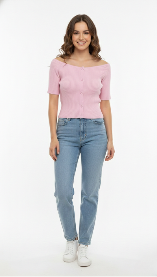 Blusa Rosa acanalada abotonada