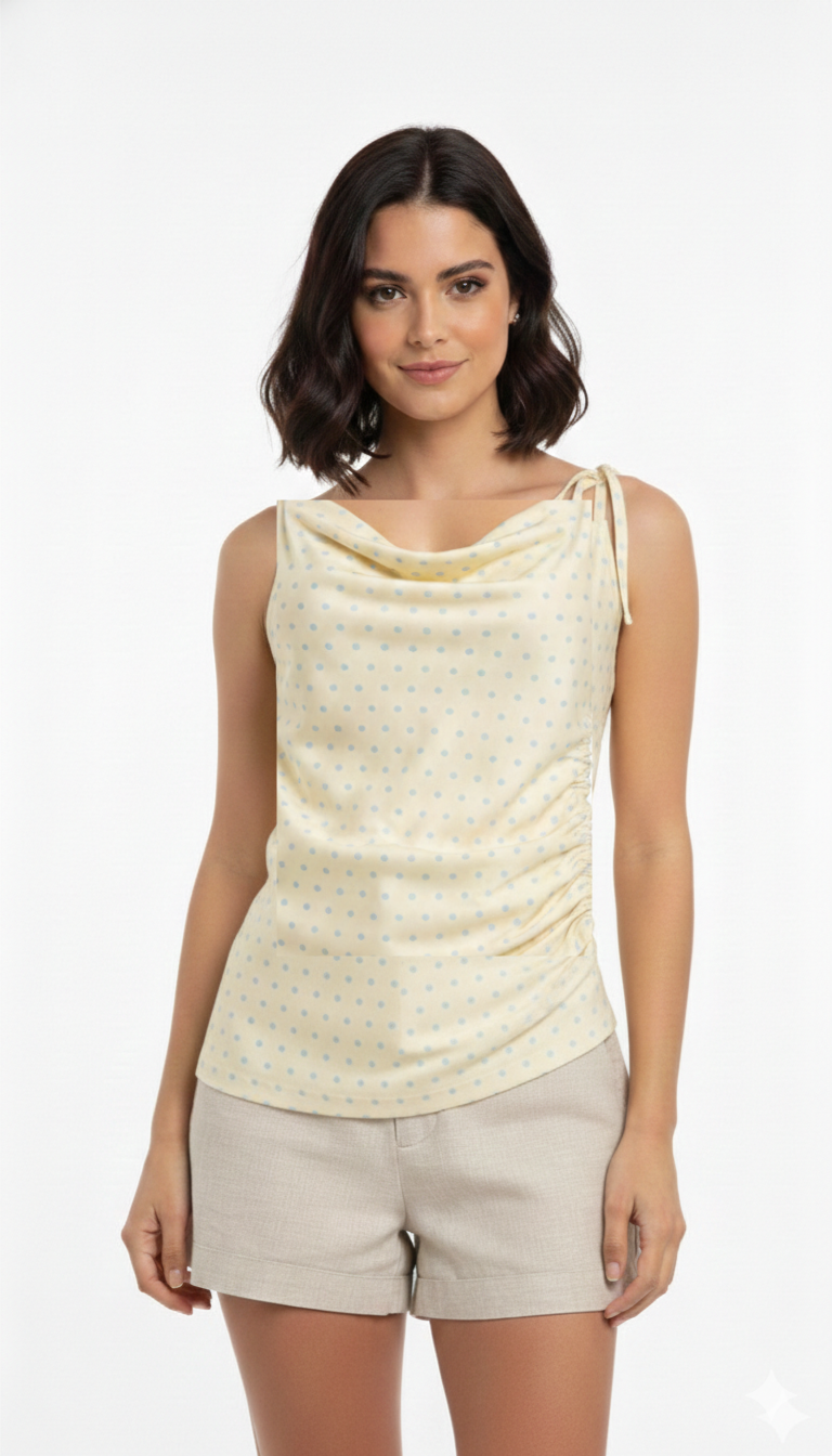 Blusa amarilla con detalle de bolitas azules