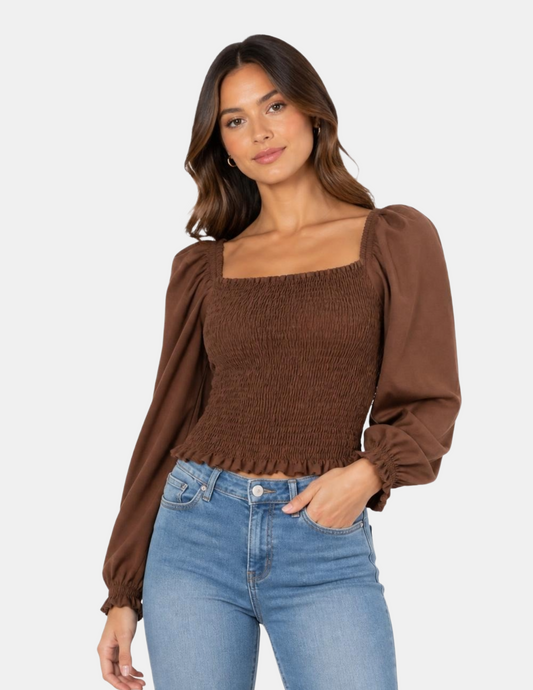 Blusa cafe con elásticos hombros descubiertos