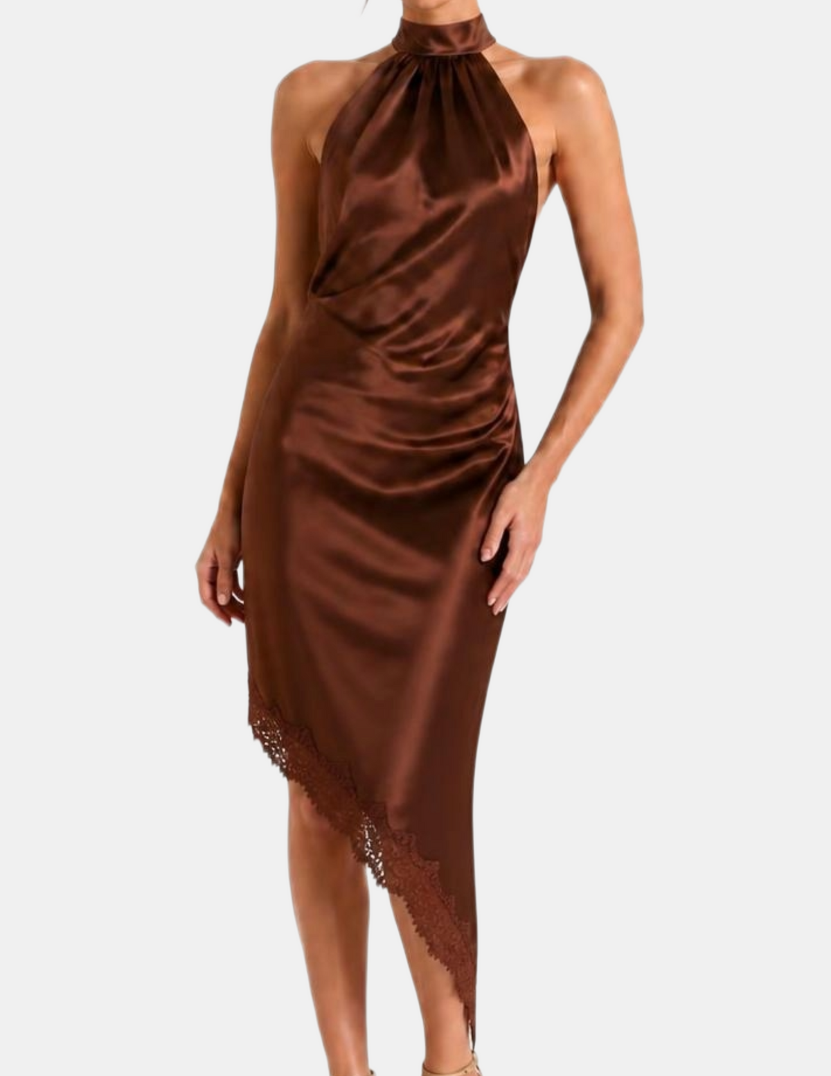 Vestido halter cafe satinado con encaje en falda