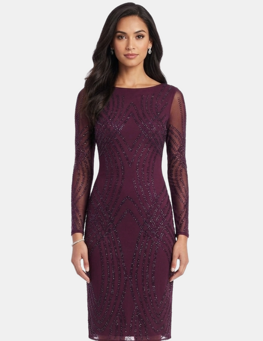 Vestido morado mesh con aplicaciones de brillos