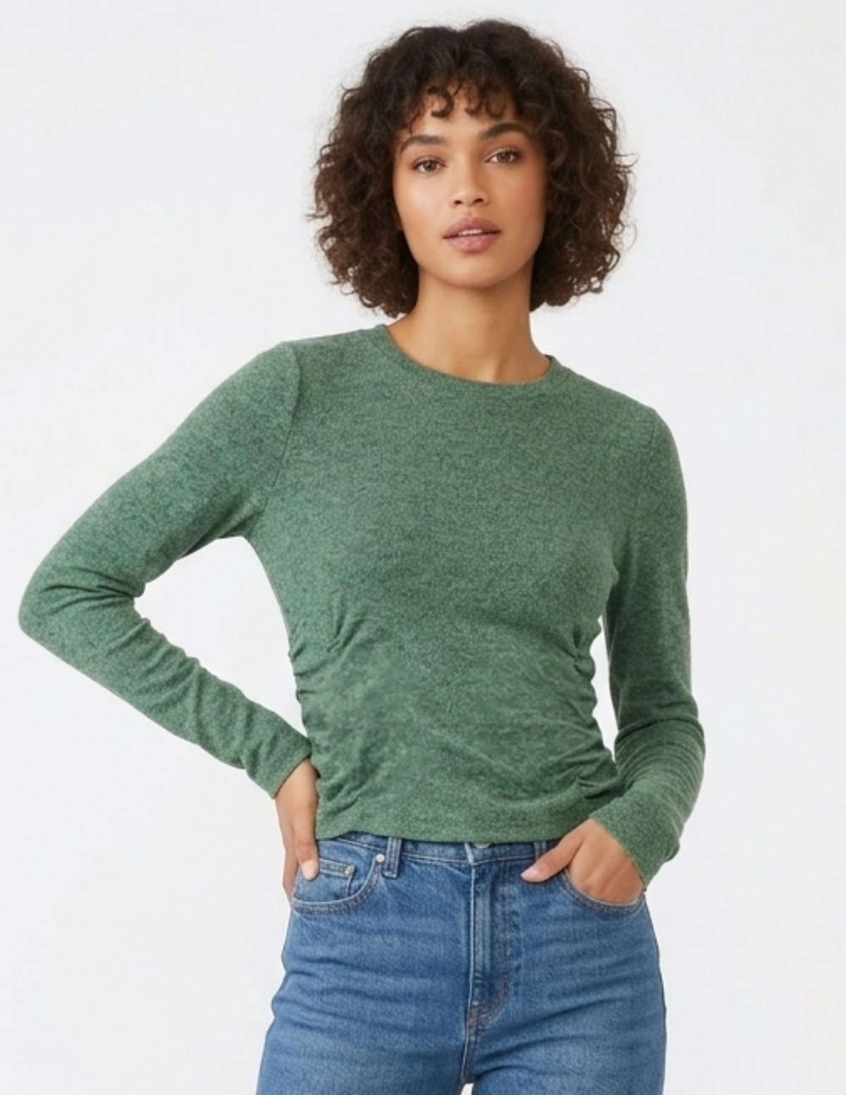 Blusa acanalada cuello redondo con plisados laterales