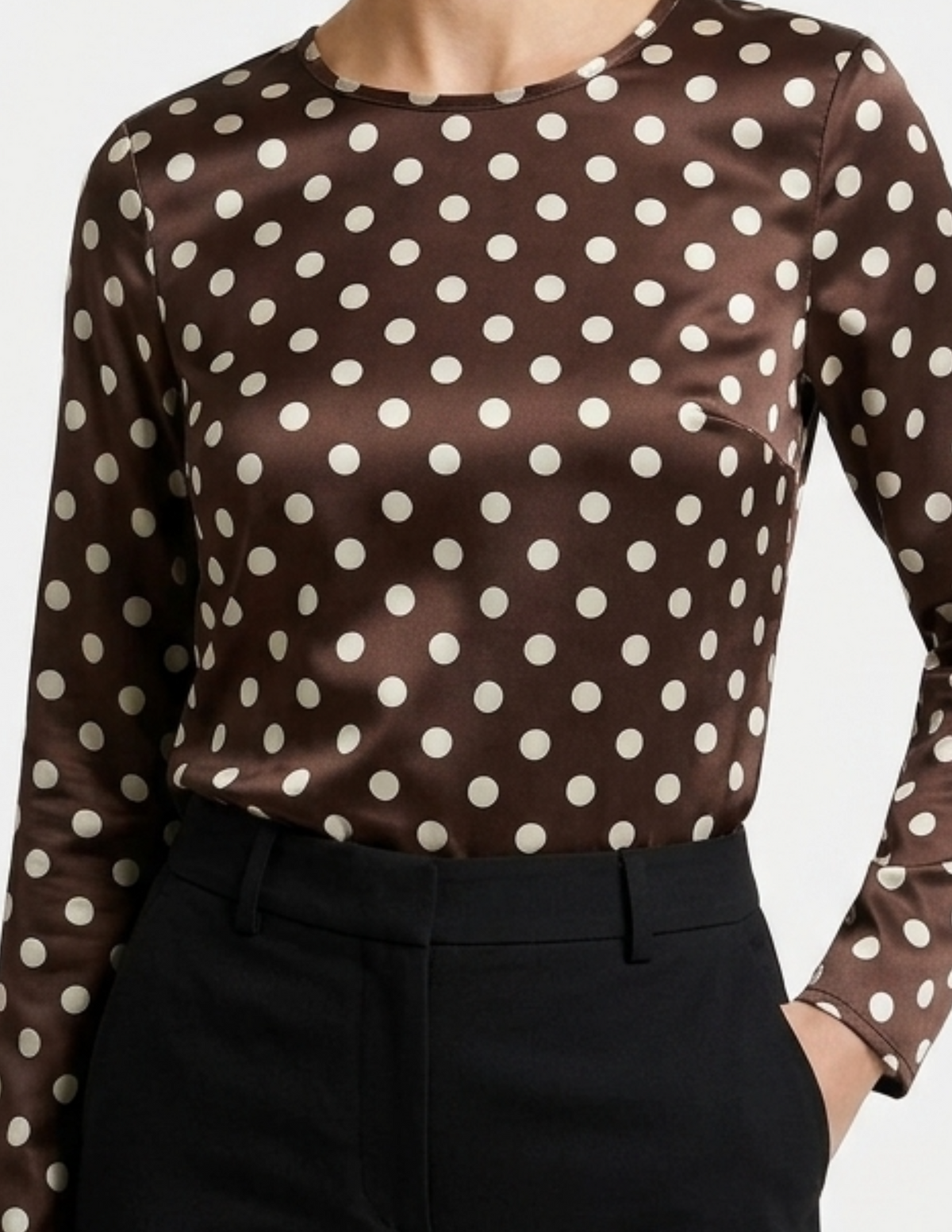 Blusa cafe con puntos beige ligeramente satinada