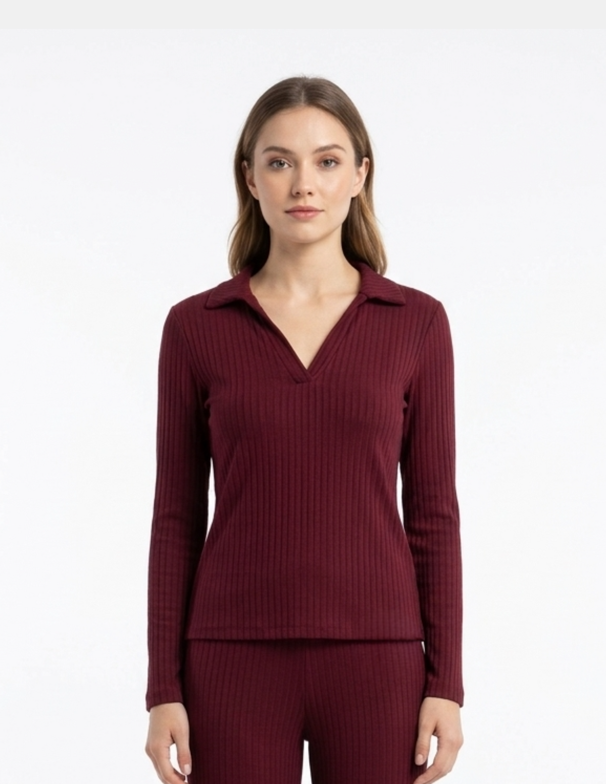 Cojunto acanalado guinda de blusa y pantalón