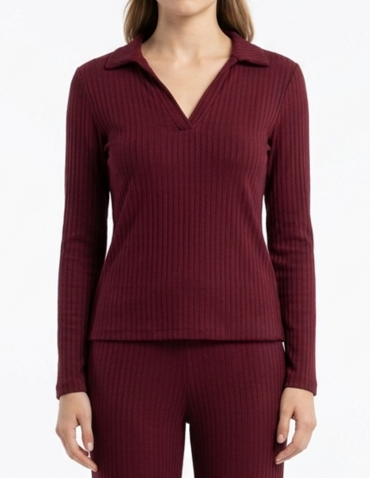 Cojunto acanalado guinda de blusa y pantalón