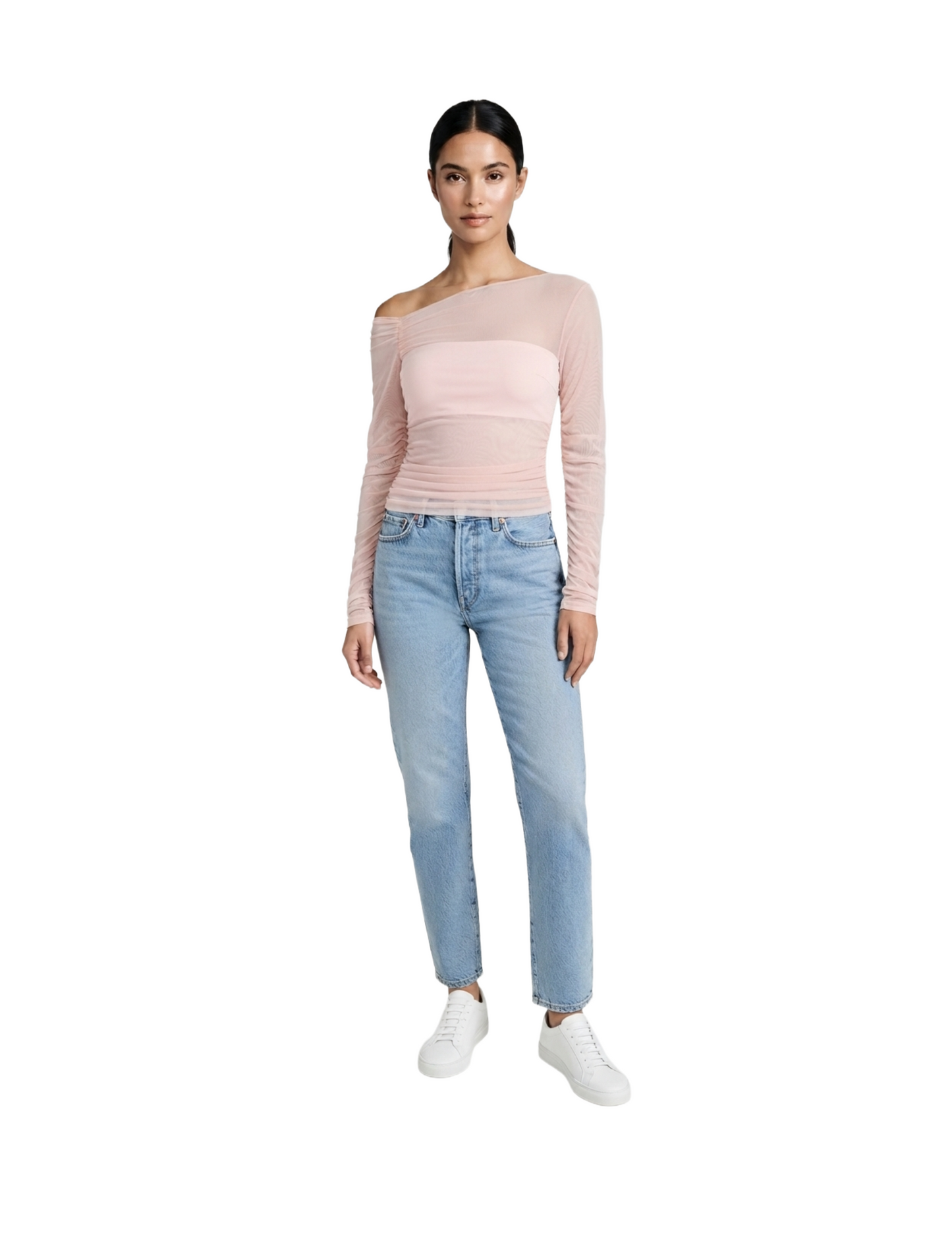 Blusa rosa mesh con plisado lateral