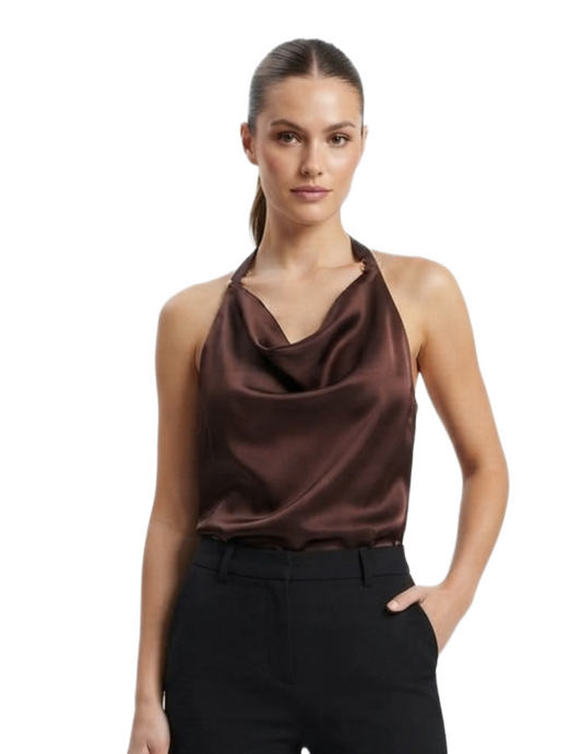 Blusa satinada tipo halter cafe
