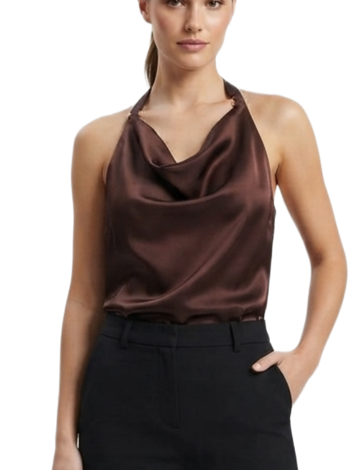 Blusa satinada tipo halter cafe