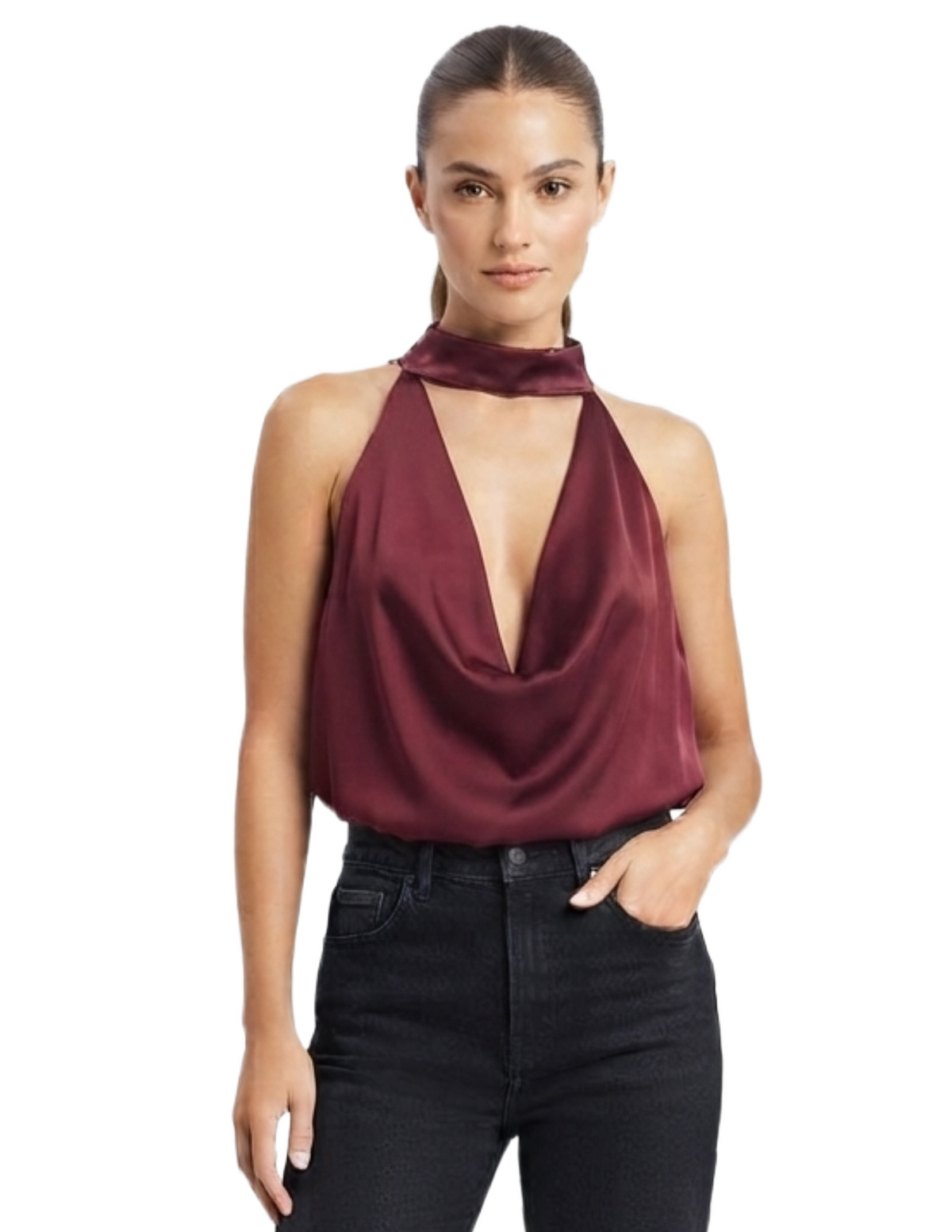 Blusa guinda con amarre en cuello satinada