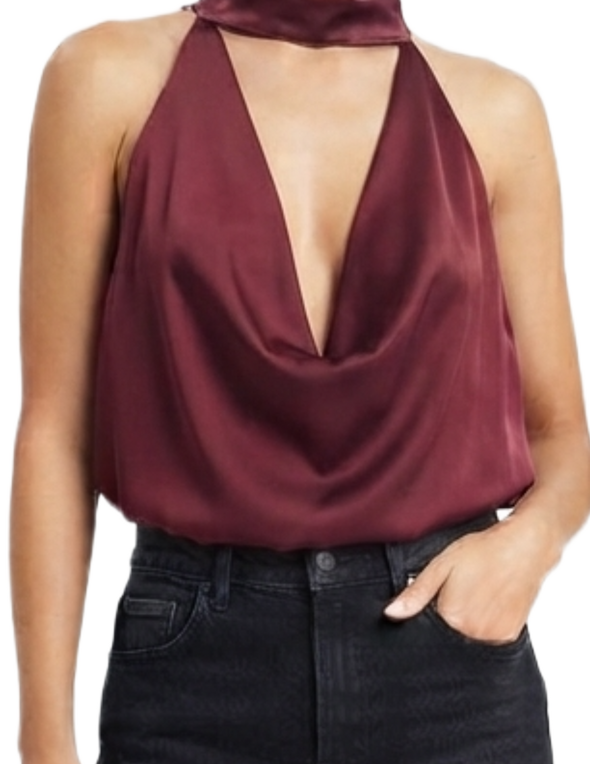 Blusa guinda con amarre en cuello satinada