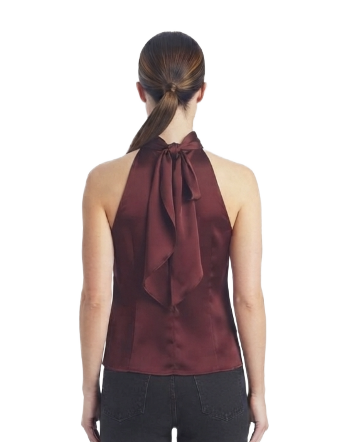 Blusa guinda con amarre en cuello satinada