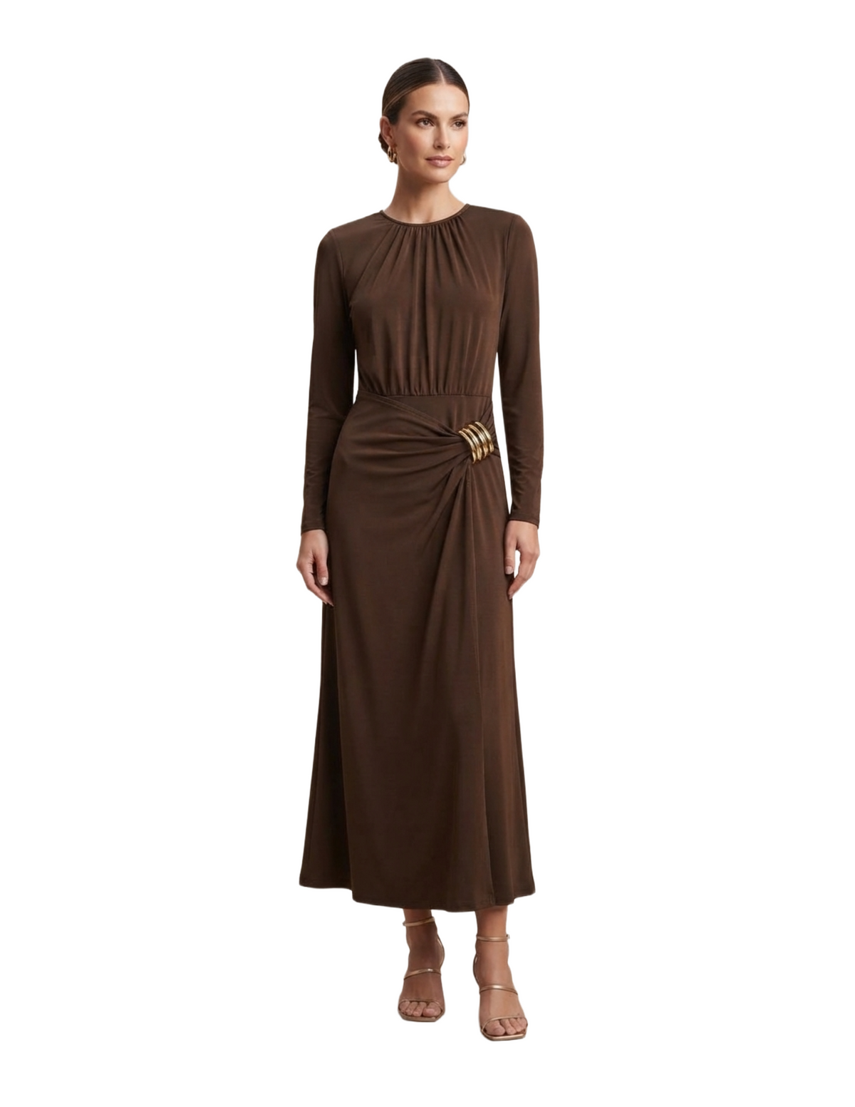 Vestido cafe largo con broche lateral