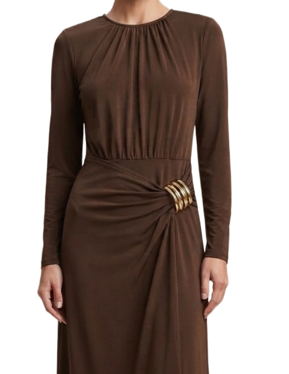 Vestido cafe largo con broche lateral