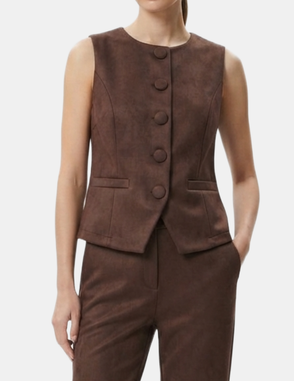 Conjunto de gamuza de chaleco y pantalón cafe