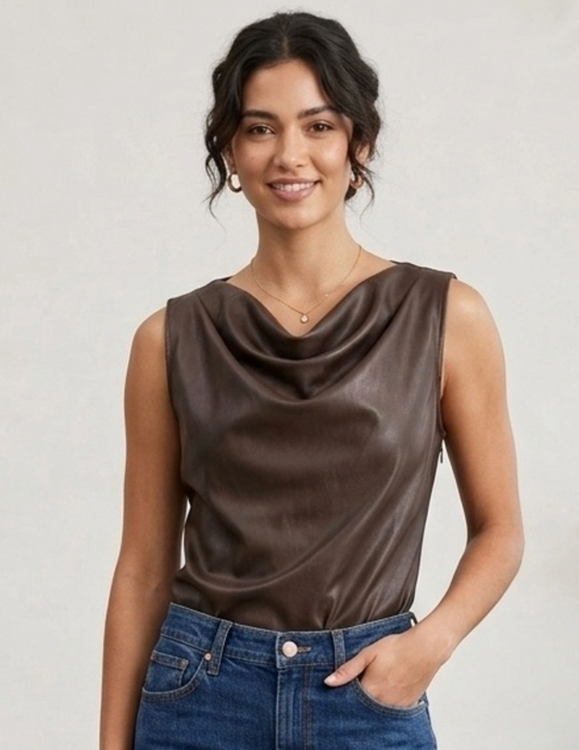 Blusa de vinipiel cafe con cuello holgado