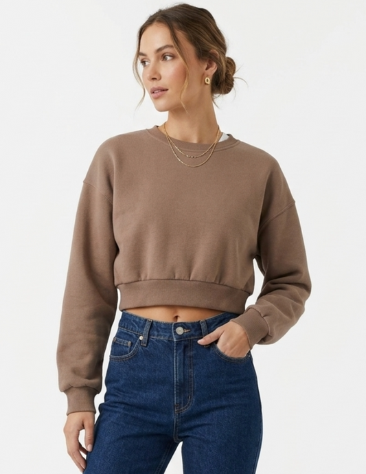 Sudadera cafe tipo crop top básica