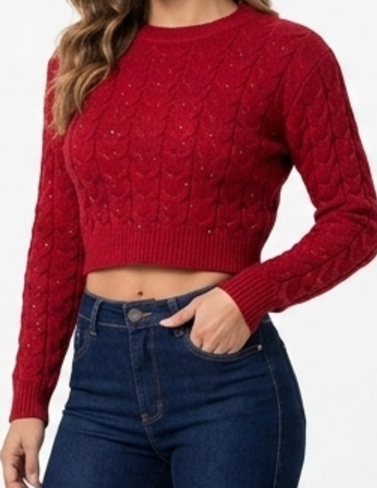 Suéter rojo con trenzas y detalle de brillos