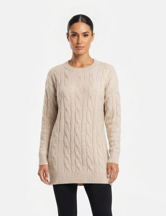 Sueter beige largo con efecto trenzado