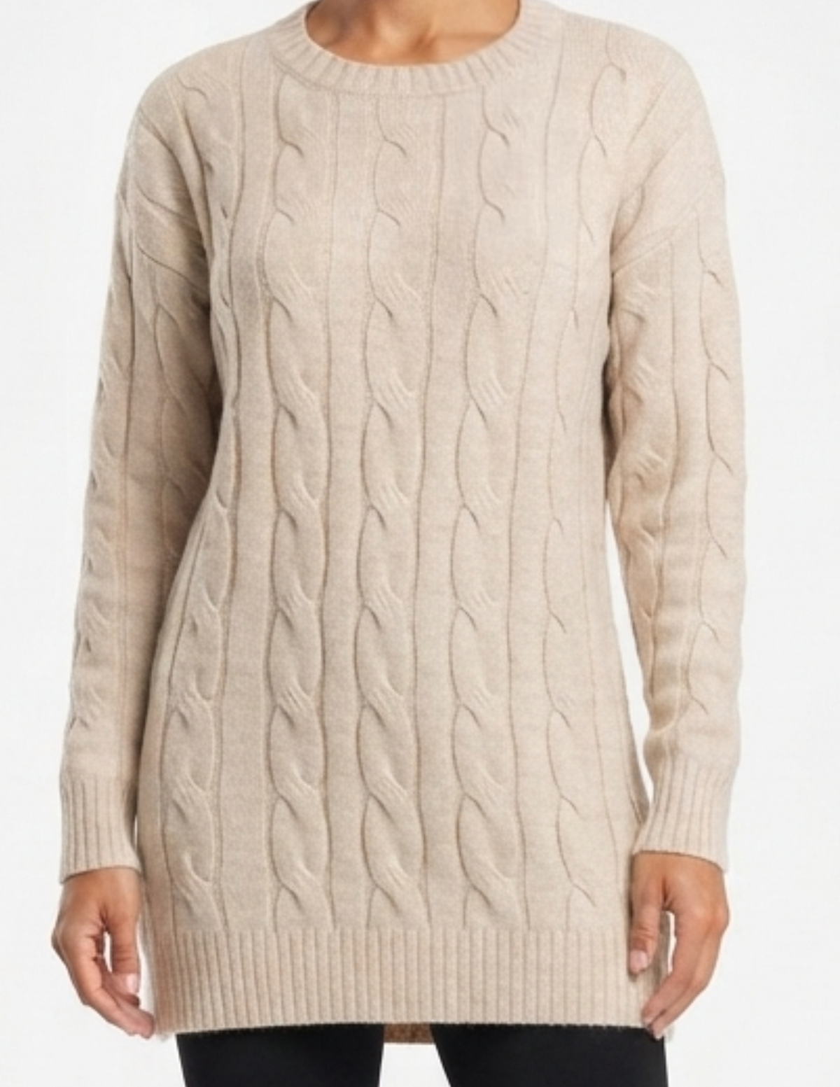 Sueter beige largo con efecto trenzado