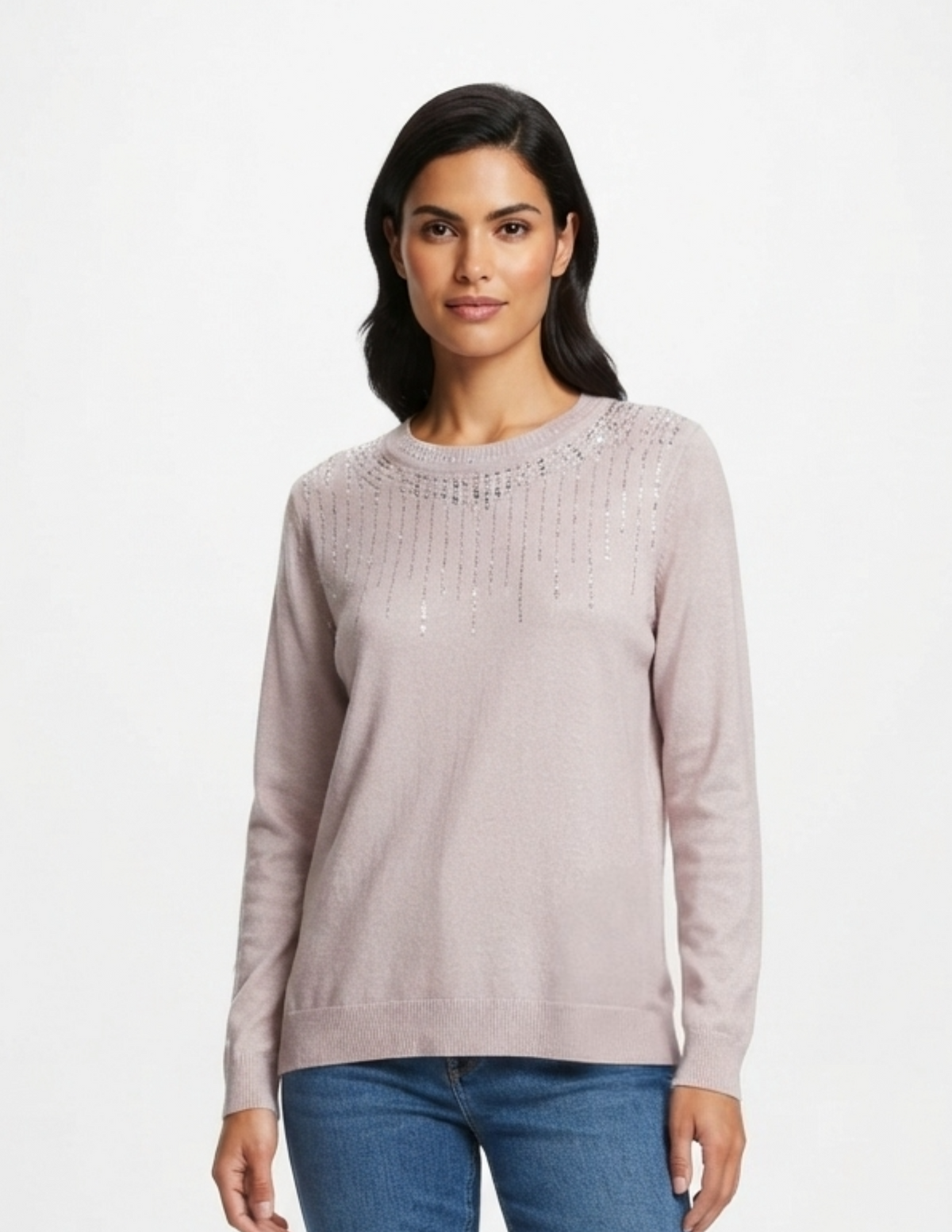Suéter rosa con cuello redondo y brillos decorativos
