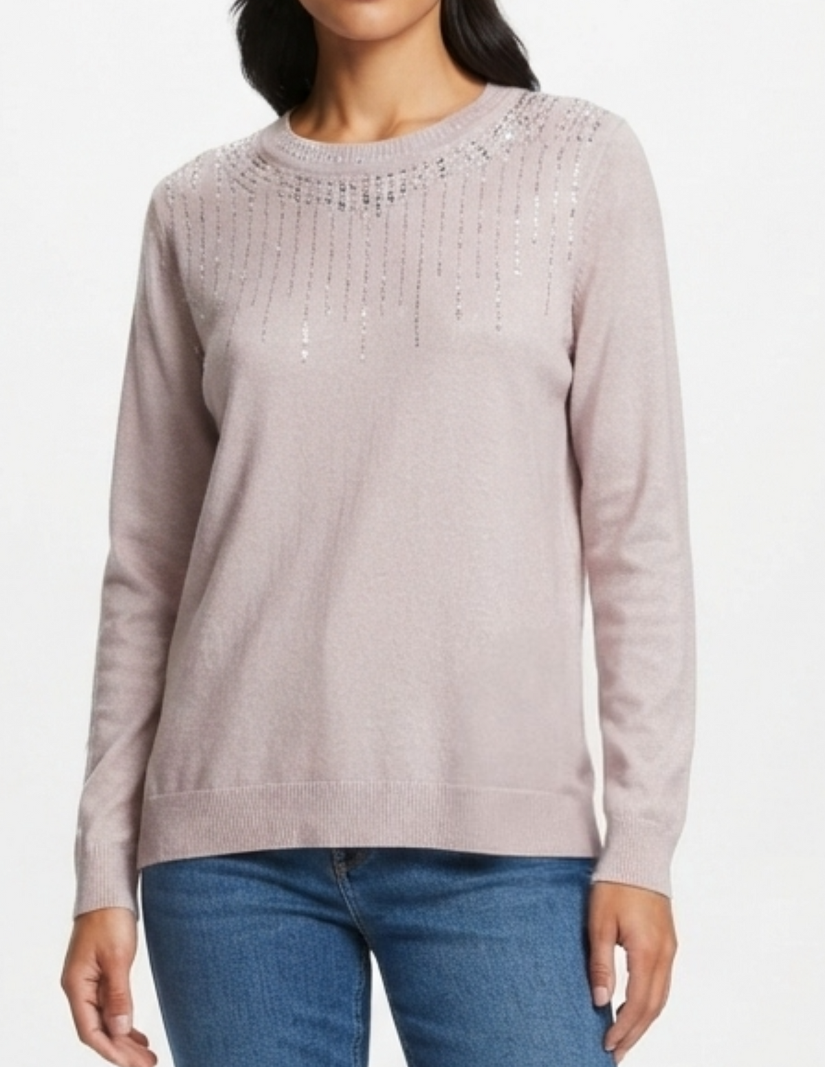 Suéter rosa con cuello redondo y brillos decorativos