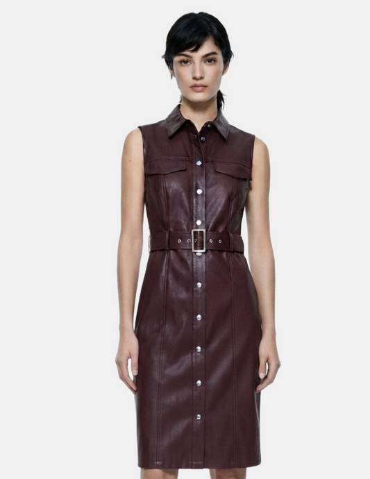 Vestido color vino abotonado sin mangas con cinturón tela estilo vinipiel