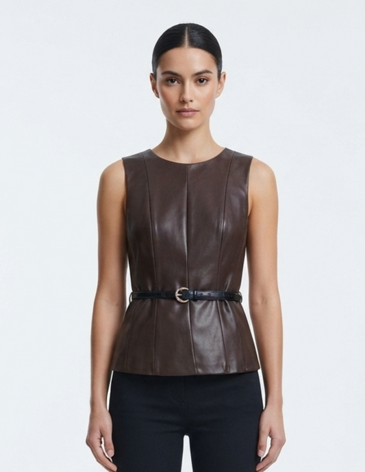 Blusa cafe seccionada con cinto de vinipiel