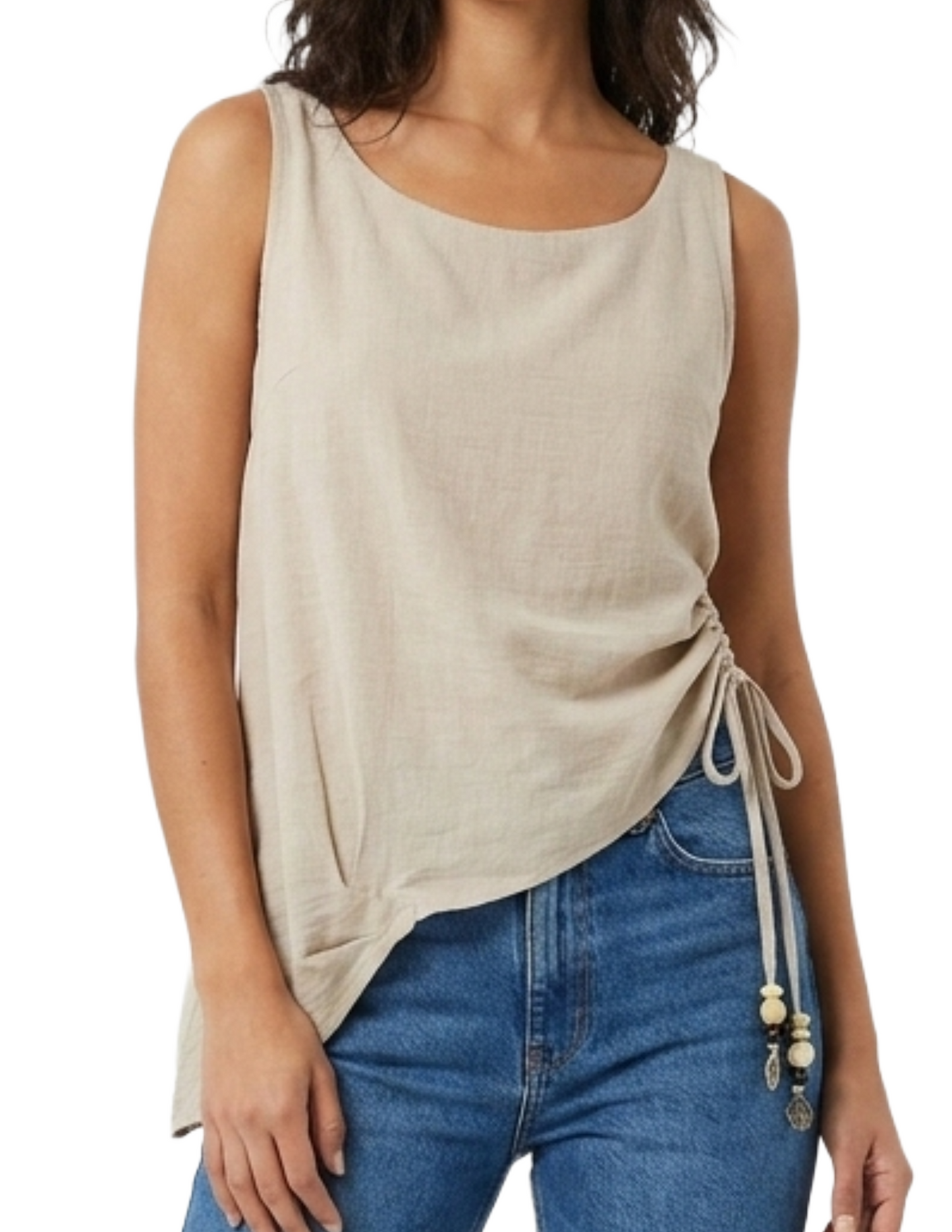 Blusa beige de lino con amarre lateral