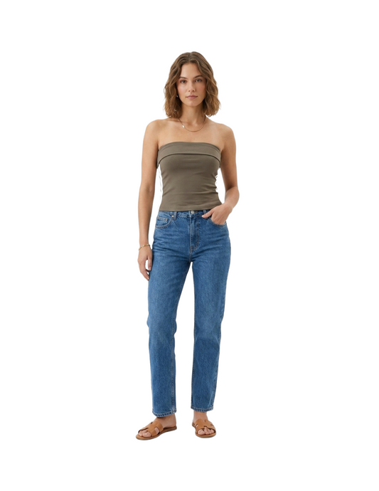 Crop top cafe con rayas laterales deportivo tipo strapless
