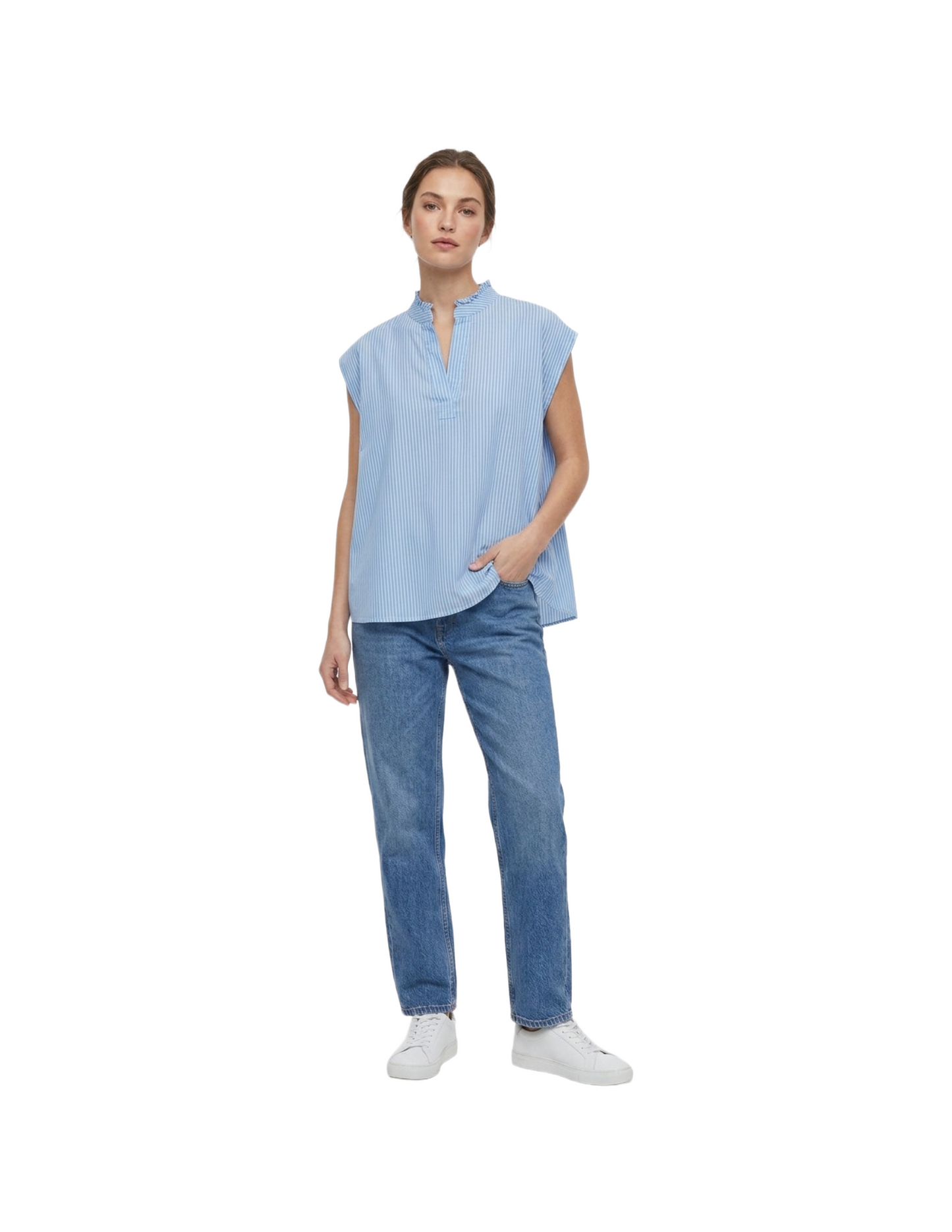 Blusa azul de rayas con cuello estilo japones