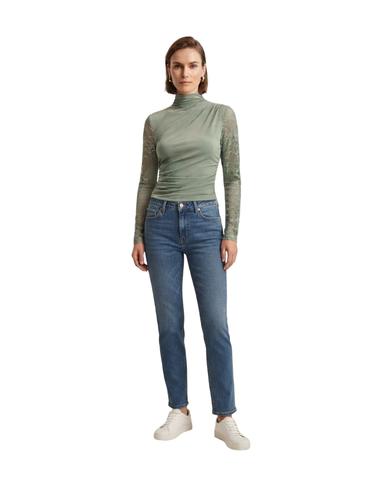 Blusa verde jade con mangas de encaje manga larga
