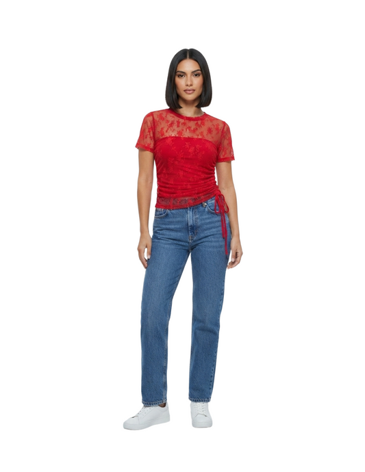 Crop top rojo de encaje transparente con amarre lateral