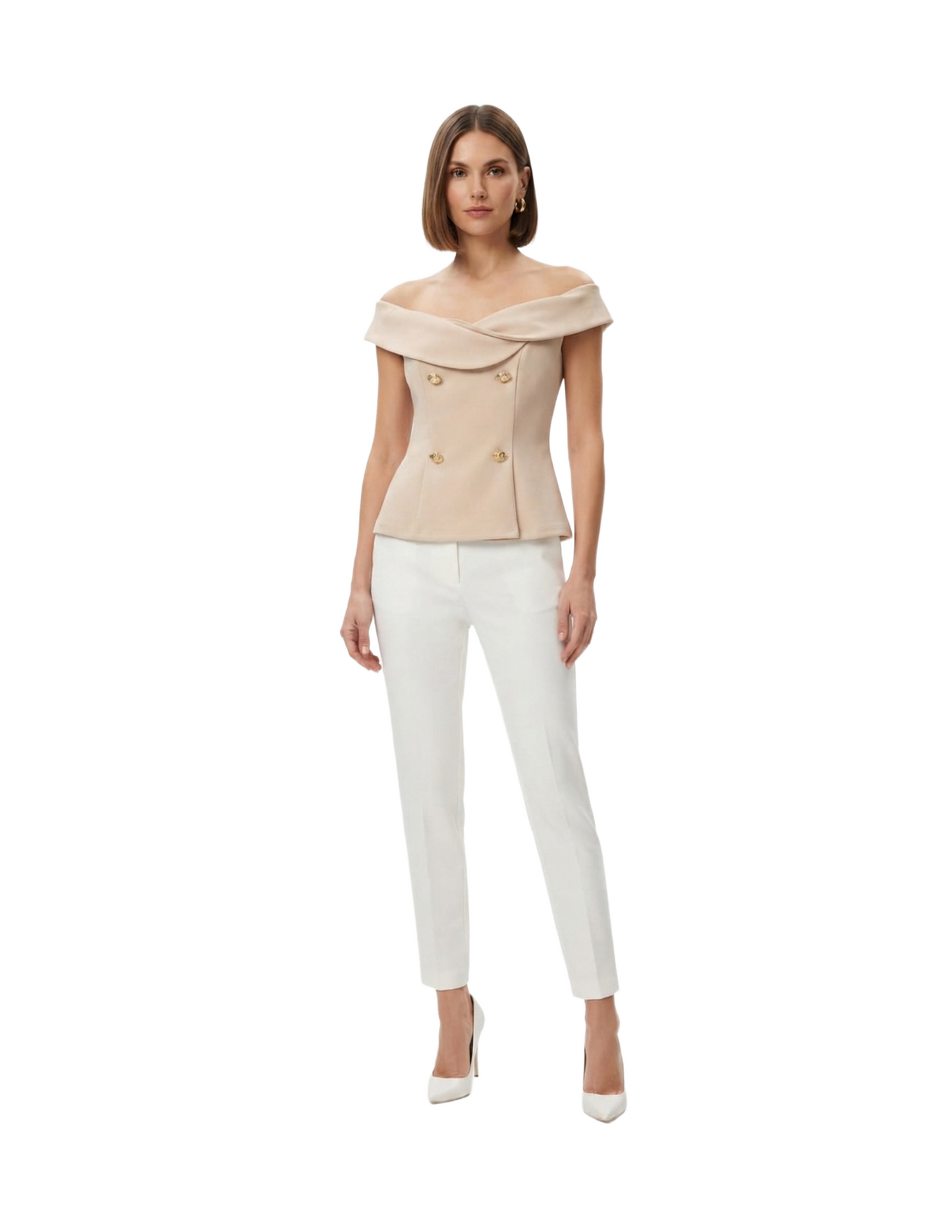Blusa beige con caída al hombro y botones decorativas