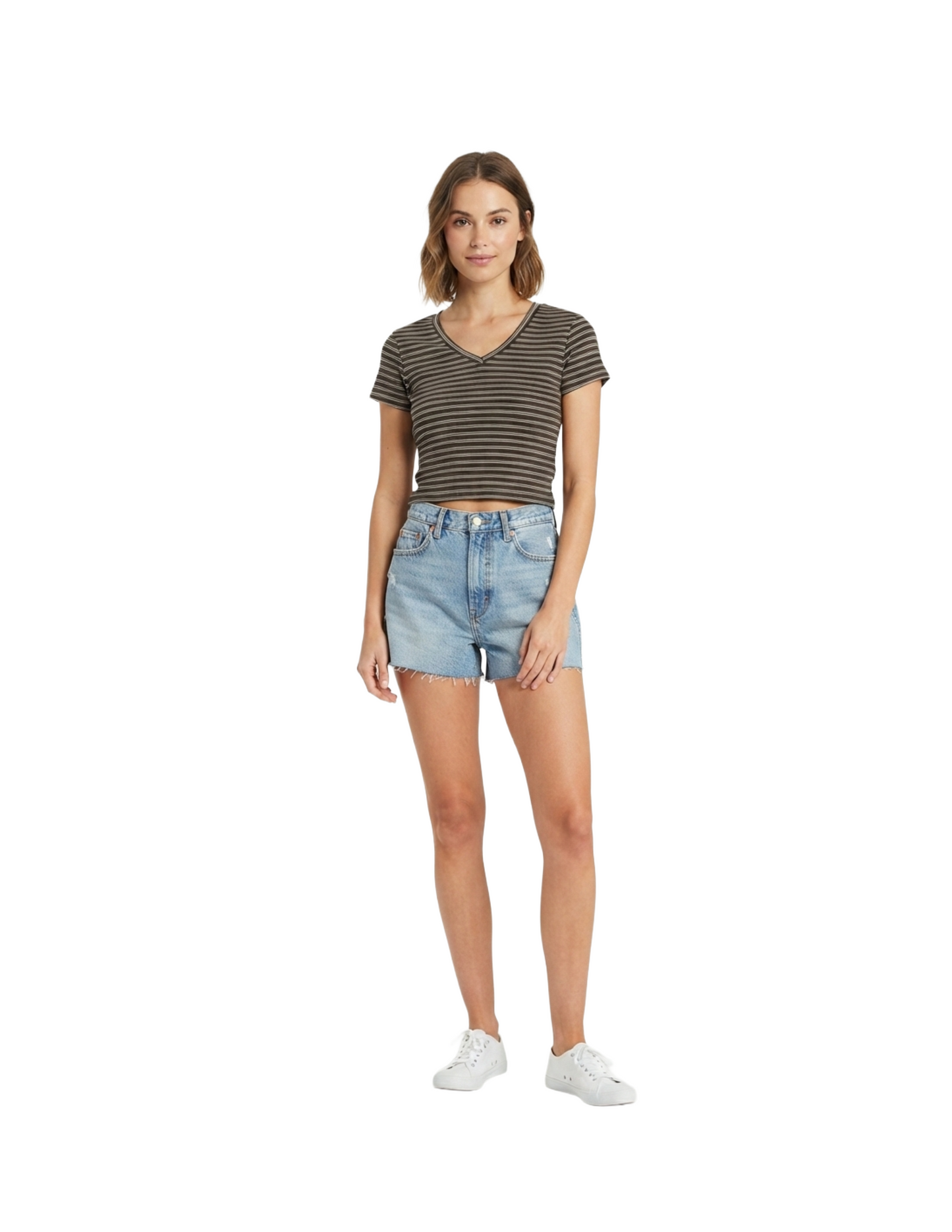 Crop top manga corta cafe rayado cuello en V